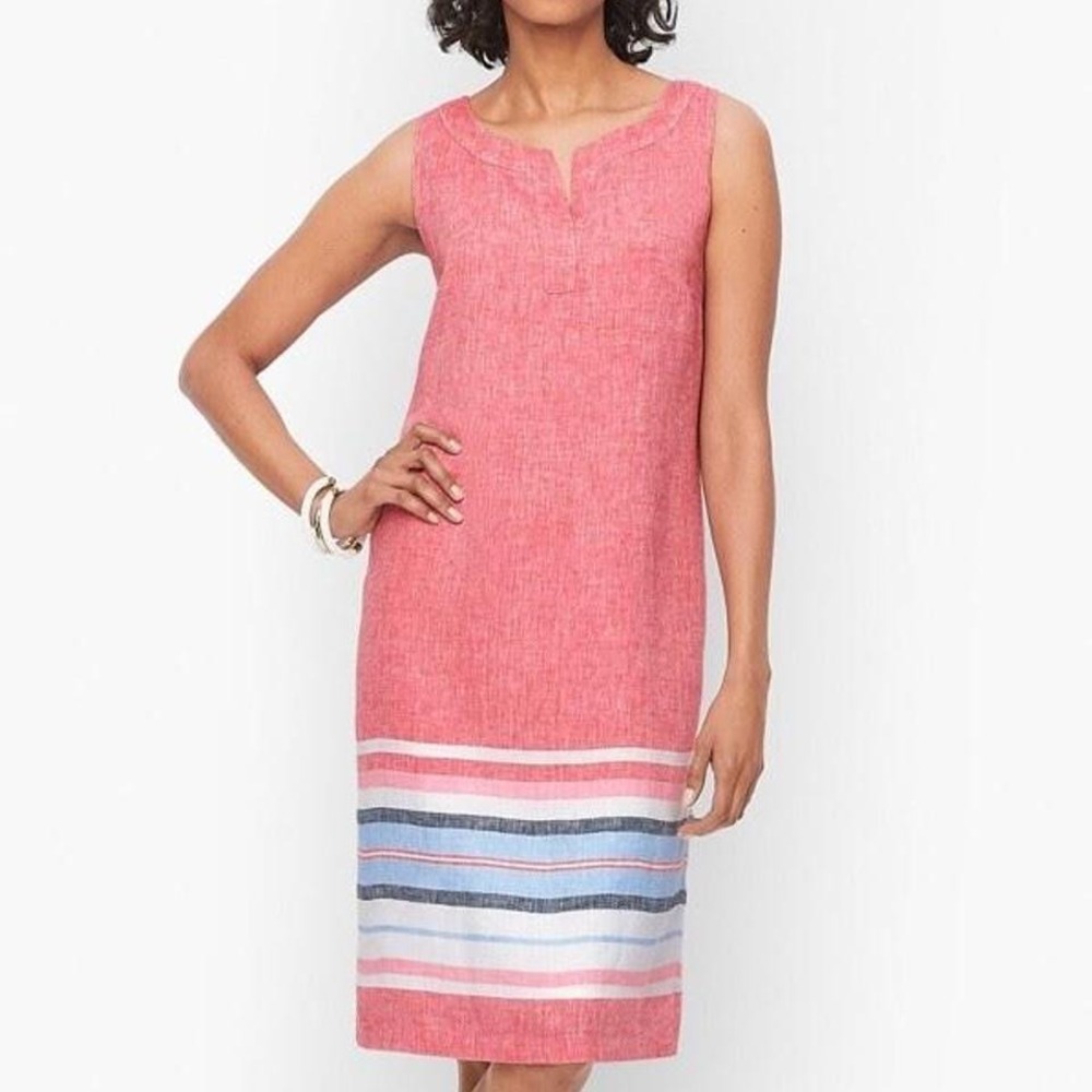 Talbots 100% Linen Shift Dress Seaside Stripe Size 2 Split Neckline Sleeveless